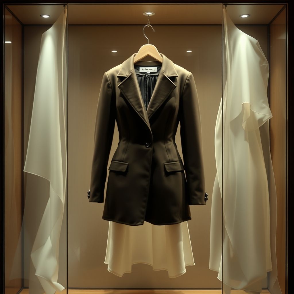 Une rangée ordonnée de vêtements haute couture suspendus avec élégance, enveloppés dans des housses transparentes, reflétant le souci du détail et la qualité supérieure des pièces. L’éclairage subtil et professionnel souligne la finesse des tissus et l’exclusivité des créations.