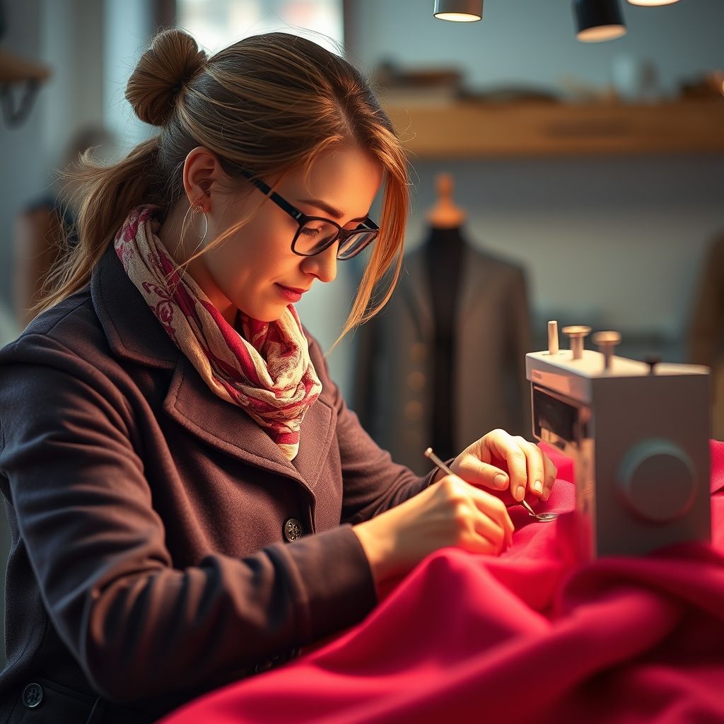 Une main experte manipule un tissu fin avec précision, illustrant le savoir-faire artisanal de la confection sur-mesure. L'atmosphère chaleureuse et professionnelle souligne l’attention portée à chaque détail, pour créer des vêtements uniques et élégants.