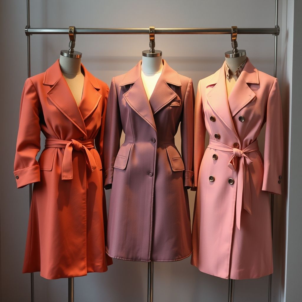 Une élégante sélection de vêtements de haute couture est présentée avec soin sur des cintres en métal, dévoilant des textures raffinées et des couleurs harmonieuses allant des tons pastels aux nuances profondes. L’éclairage doux accentue la qualité des tissus et la précision des finitions, traduisant l’excellence du travail artisanal.