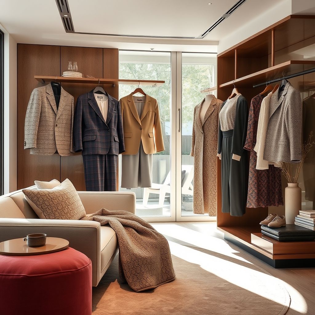 Un élégant ensemble de vêtements modernes et raffinés est présenté dans un décor chic, mettant en valeur les coupes précises et les tissus de qualité. La lumière naturelle met en avant les textures et les couleurs tendances.