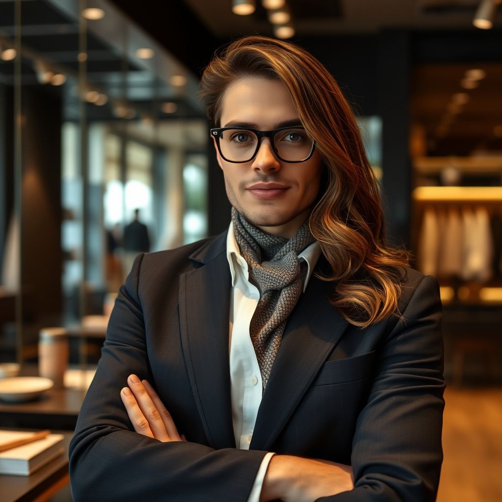 Un consultant en style conseille un client dans un cadre luxueux, offrant des conseils personnalisés pour sublimer chaque tenue. L'ambiance sophistiquée reflète le professionnalisme et l’attention au détail du service.