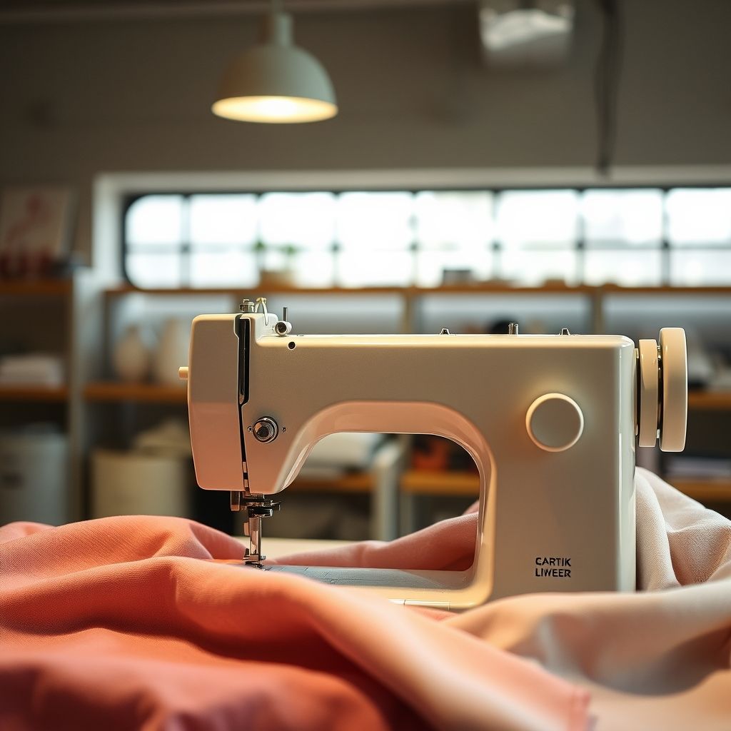 Une main délicate retire un tissu luxueux d’une machine soigneusement équipée, symbolisant le soin apporté à chaque création. L'ambiance chaleureuse et raffinée de l’atelier met en avant l’attention portée au détail et au respect des matières nobles.