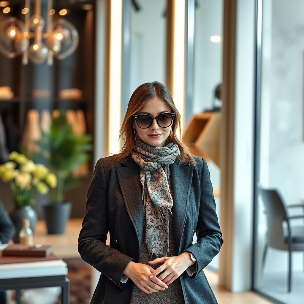 Un consultant en style conseille un client dans un cadre luxueux, offrant des conseils personnalisés pour sublimer chaque tenue. L'ambiance sophistiquée reflète le professionnalisme et l’attention au détail du service.